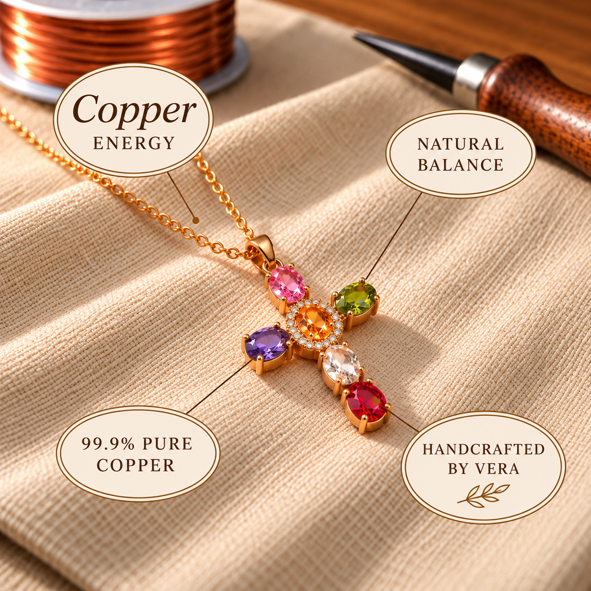 Copper Soul Cross Copper Zircon-laid Pendant with Chain